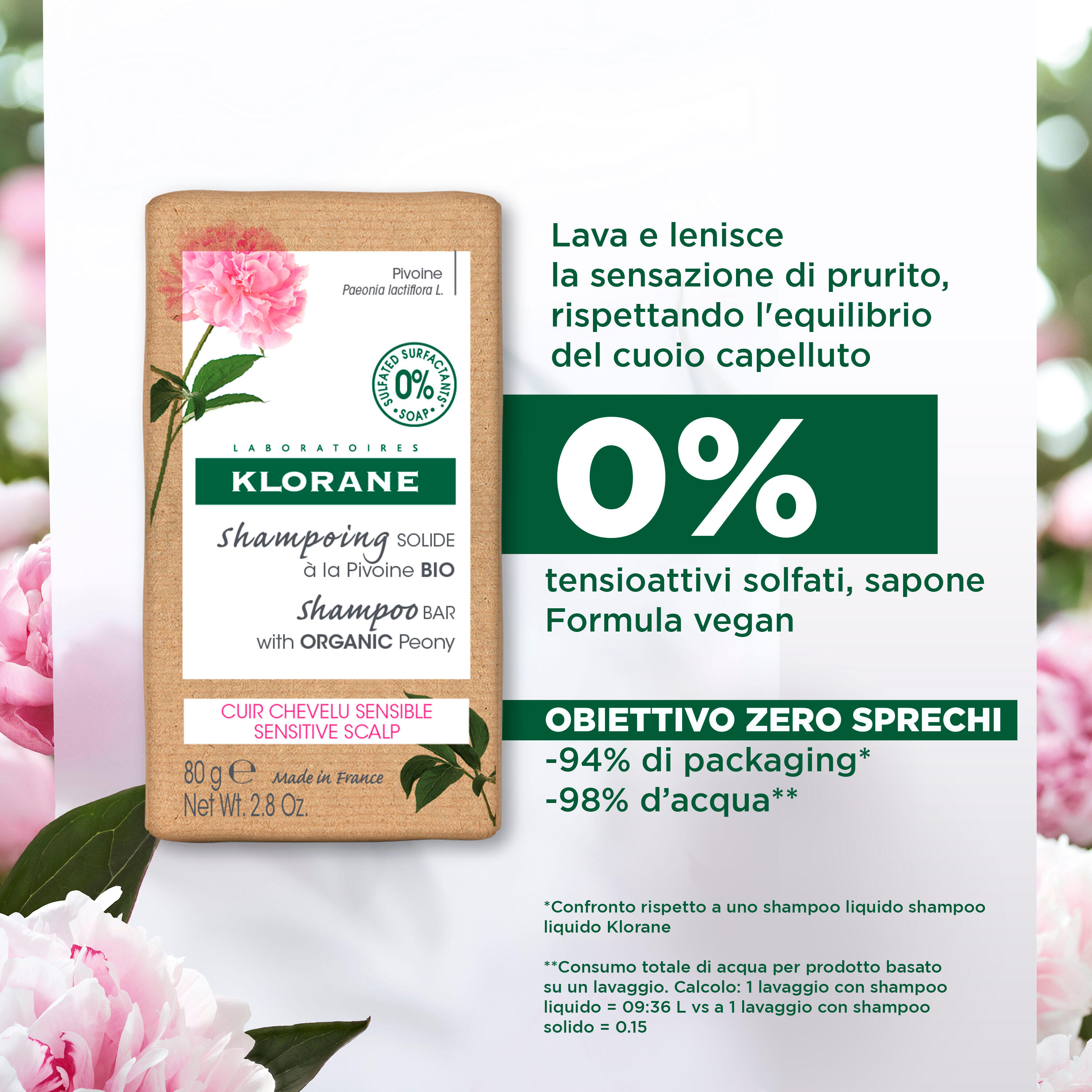 Klorane - Shampoo Solido Lenitivo Alla Peonia Bio Per Capelli E Cuoio Capelluto Sensibili 80 g