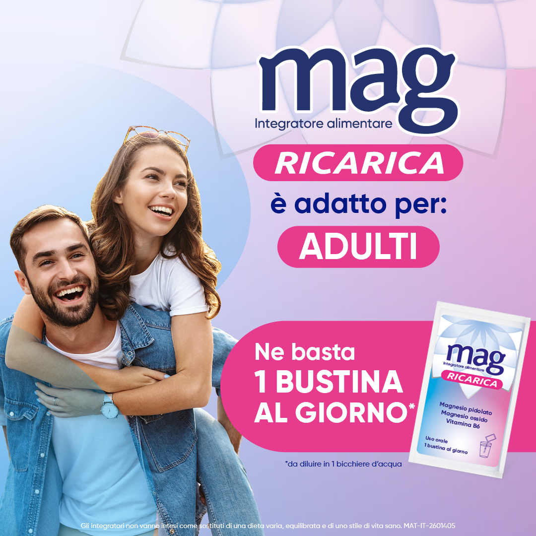 Mag Ricarica 24 Bustine - Integratore Con Magnesio Pidolato, Magnesio Ossido e Vitamina B6 Contro Stanchezza Mentale E Fisica