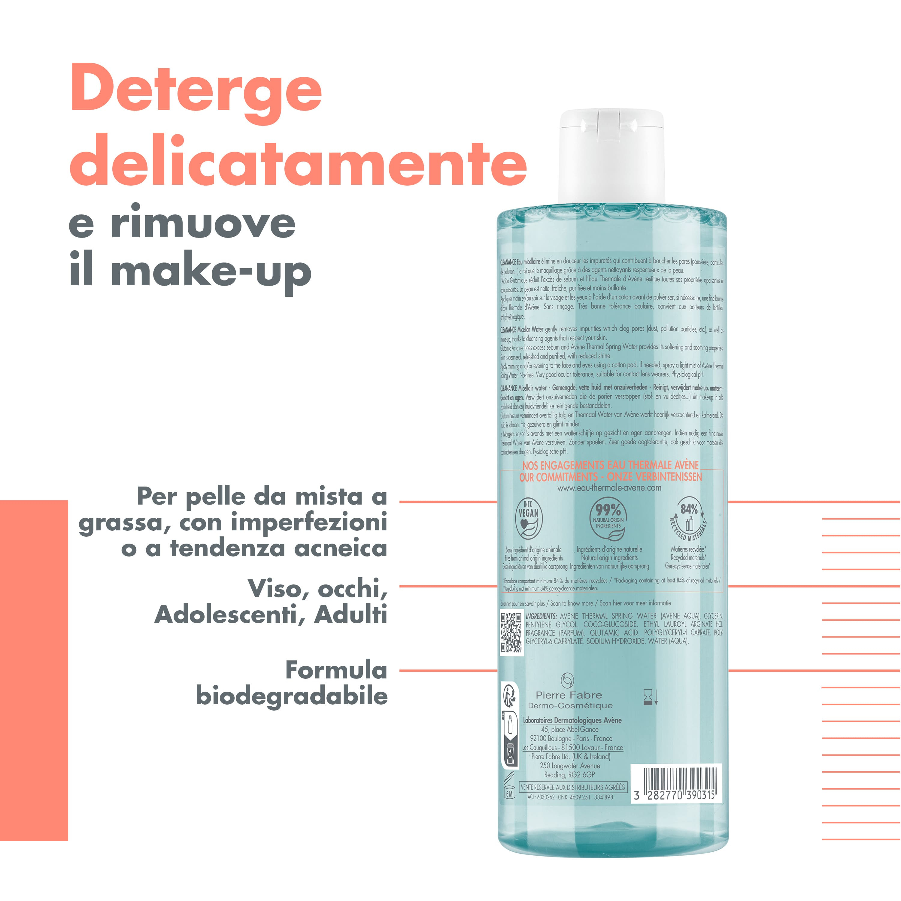 Eau Thermale Avène Cleanance Acqua Micellare Detergente Opacizzante, Pelle mista grassa a tendenza acneica, 400ml 