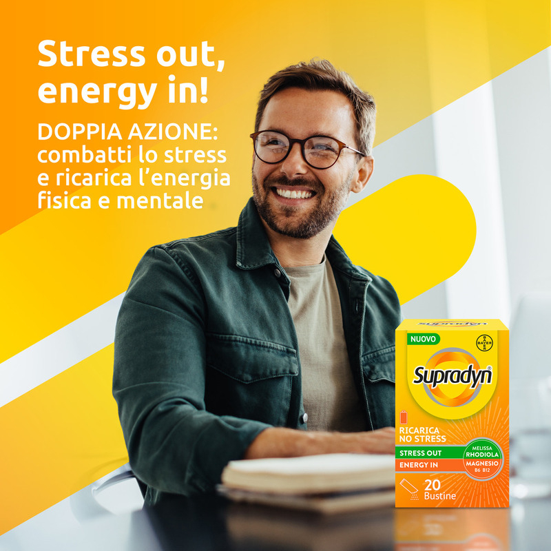 Supradyn Ricarica No Stress Integratore Multivitaminico con Magnesio ed Estratti Vegetali di Rhodiola e Melissa per combattere la Stanchezza Fisica e Mentale, Gusto Limone, 20 Bustine