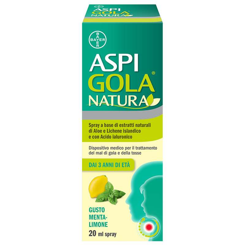 Aspi Gola Natura Spray, con estratti naturali di Aloe, Acido Ialuronico e Lichene Islandico, contro Mal di Gola e Tosse associata, Gusto Menta e Limone, Flacone da 20ml