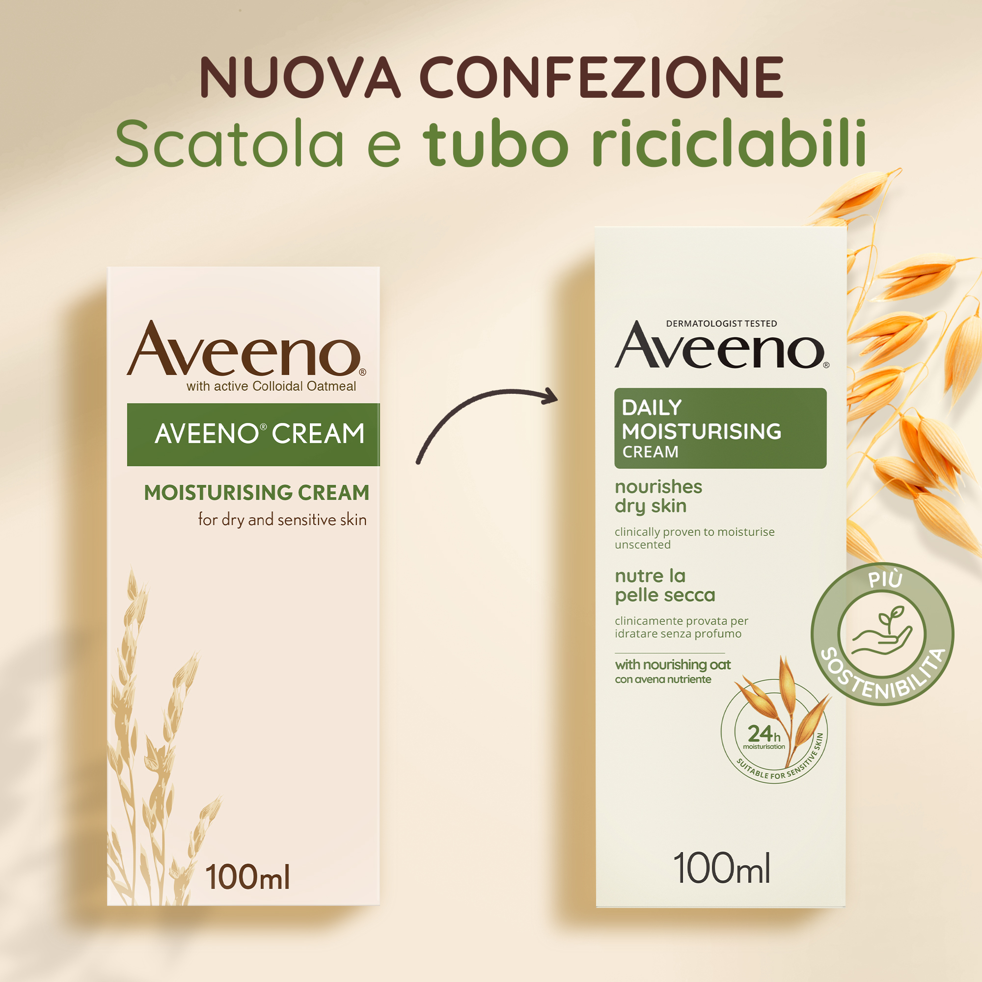 Aveeno Daily Moisturising Crema Idratante 100 ml, Crema corpo per pelli da normali a secche