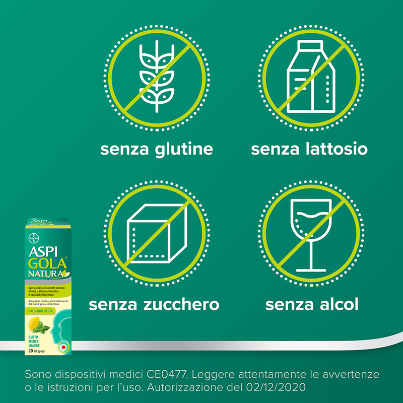 Aspi Gola Natura Spray, con estratti naturali di Aloe, Acido Ialuronico e Lichene Islandico, contro Mal di Gola e Tosse associata, Gusto Menta e Limone, Flacone da 20ml