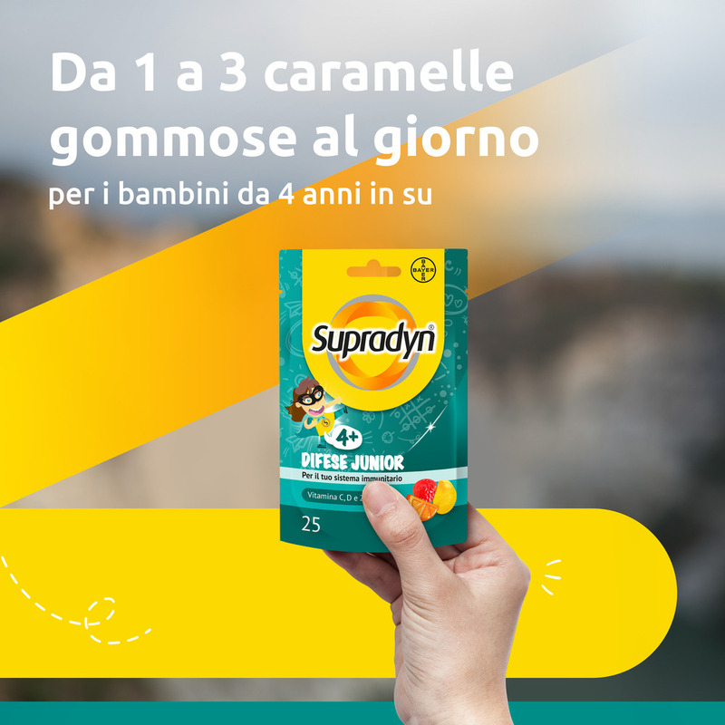 Supradyn Difese Junior Integratore Multivitaminico con Vitamina C, D e Zinco  per le Difese Immunitarie dei Bambini, Gusto Arancia, Fragola e Papaya, 25 Caramelle Gommose 