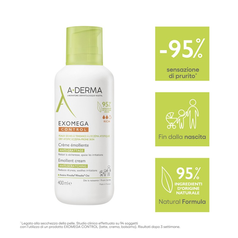 A-Derma Exomega Control Crema emolliente  “anti-grattage”, pelle secca a tendenza atopica, 400ml 