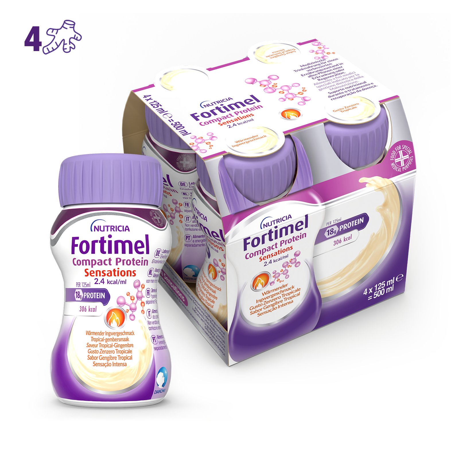 Nutricia Fortimel Compact Protein Sensations, Gusto Zenzero Tropicale, Ipercalorico e Iperproteico, 4x125ml