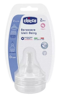 Chicco Tettarella 2 Fori Well Being Silicone Flusso Medio +2m 2 Pezzi