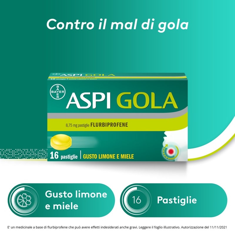 Aspi Gola Pastiglie per la gola infiammata, con 8,75 mg di Flurbiprofene, contro Faringite e Mal di gola, Gusto Limone e Miele 16 Pastiglie Orosolubili