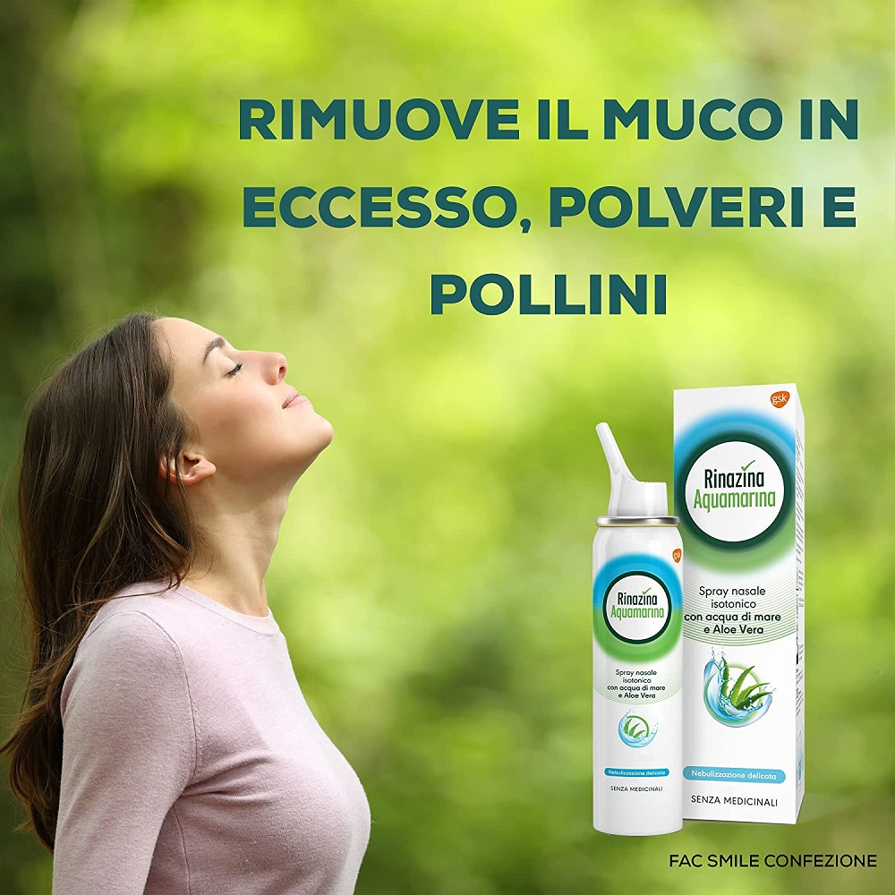 Rinazina Aquamarina Spray Nasale Isotonico Delicato Lavaggio Nasale Acqua di Mare e Aloe Vera 100 ml