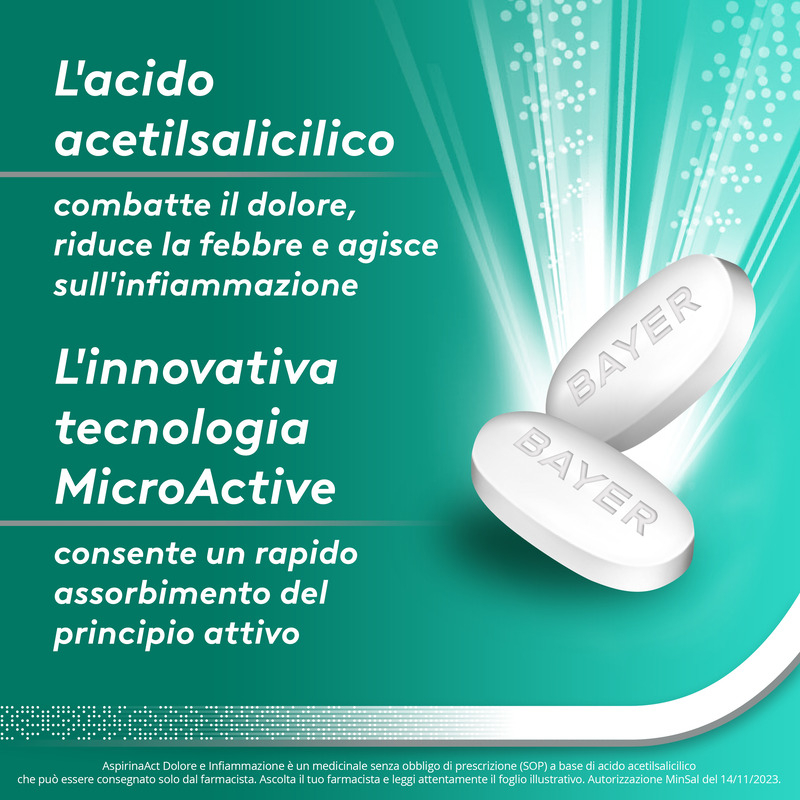 Aspirina Act Dolore e Infiammazione, Antidolorifico e Antinfiammatorio contro Dolori Muscolari e Articolari, Cervicale, Mal di Testa, Mal di Schiena, 12 Compresse Rivestite