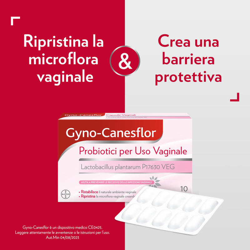 Gyno-Canesflor, Probiotico per prevenire le recidive di Candida e Infezioni Vaginali, con Lactobacilli,  Ripristina la Microflora Batterica, 10 Capsule Vaginali