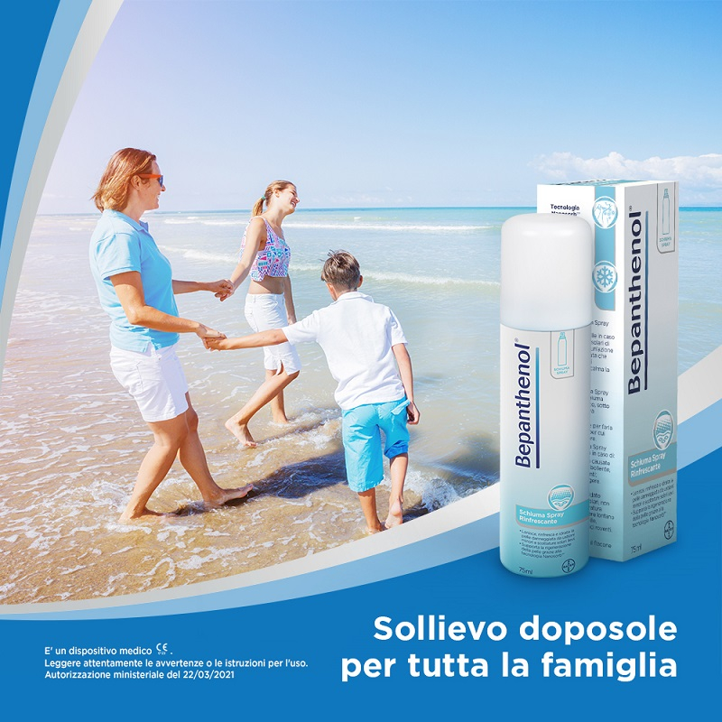 Bepanthenol Schiuma Spray, Trattamento Rinfrescante per Scottature e Ustioni minori, con Pantenolo, Senza Cortisone,  Calma e Idrata la Pelle Irritata, Flacone da 75 ml