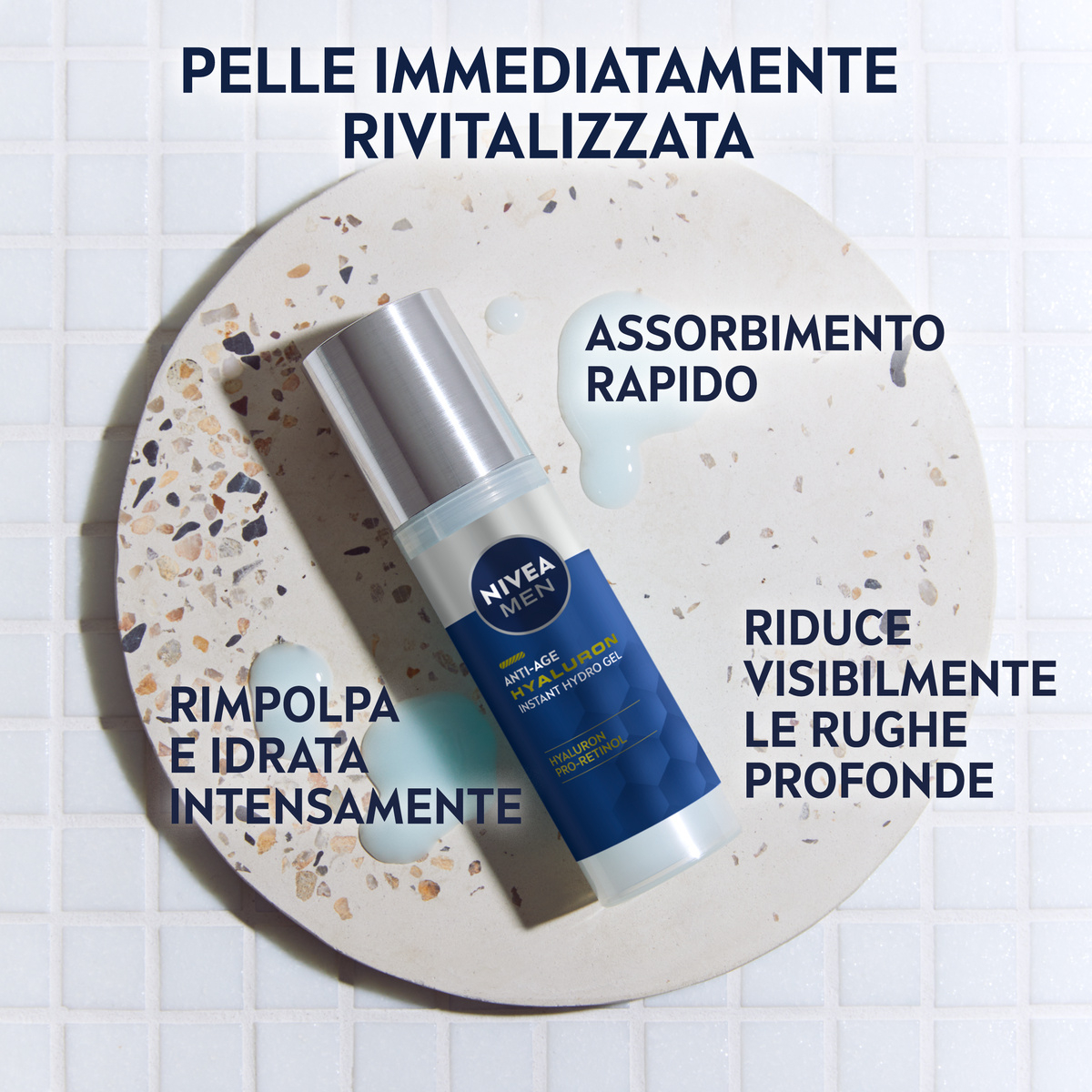 Nivea Men Anti-Age Hyaluron Hydro Gel Viso Uomo 50 ml, Crema viso uomo in gel per pelli mature