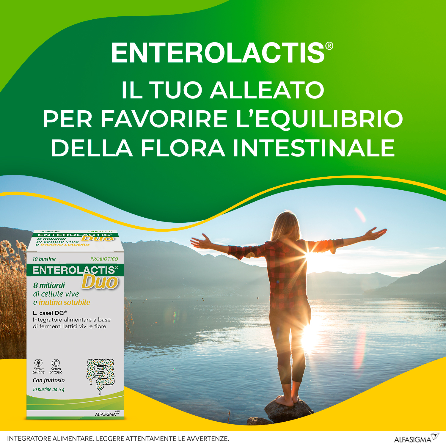 Enterolactis Duo, Integratore Alimentare con Fermenti lattici, probiotici L,Casei DG, 8 Miliardi Cellule Vive, Con Fruttosio, Senza Glutine e Lattosio, 10 Bustine