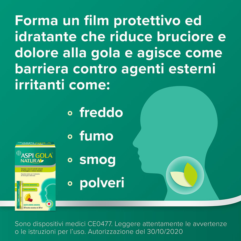 Aspi Gola Natura Sciroppo, con estratti naturali di piantaggine e Lichene Islandico, contro Mal di Gola e Tosse associata, Gusto Limone e Amarena, 16 Bustine Monodose da 10ml
