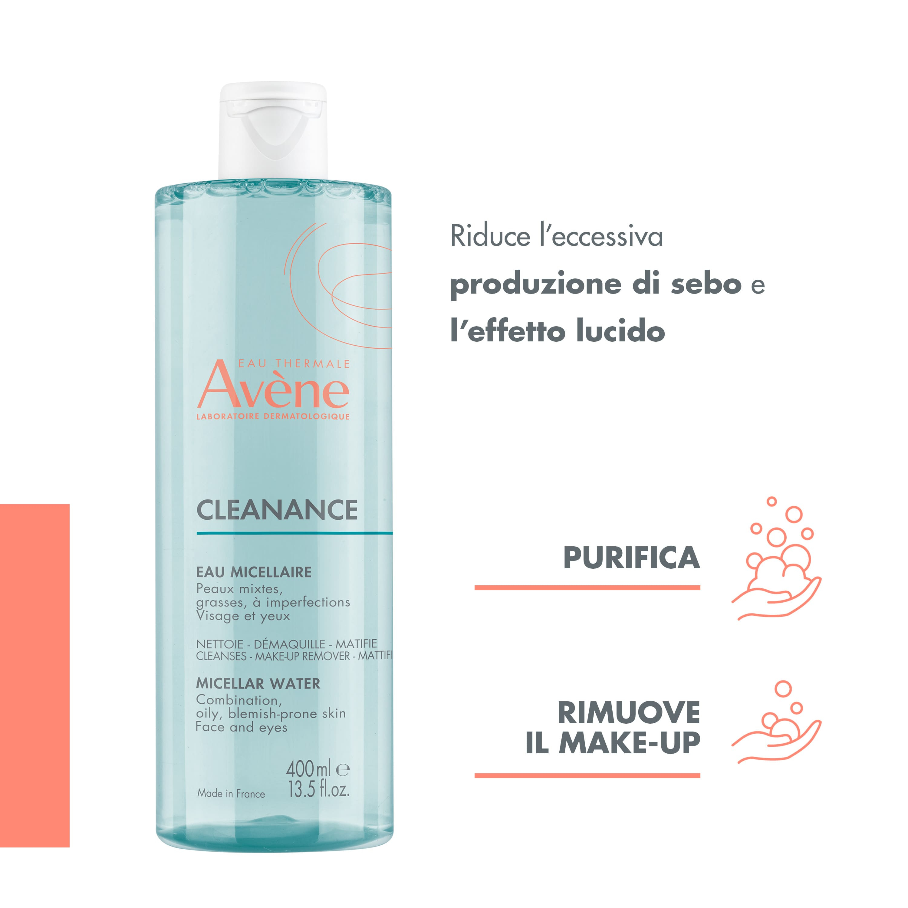 Eau Thermale Avène Cleanance Acqua Micellare Detergente Opacizzante, Pelle mista grassa a tendenza acneica, 400ml 