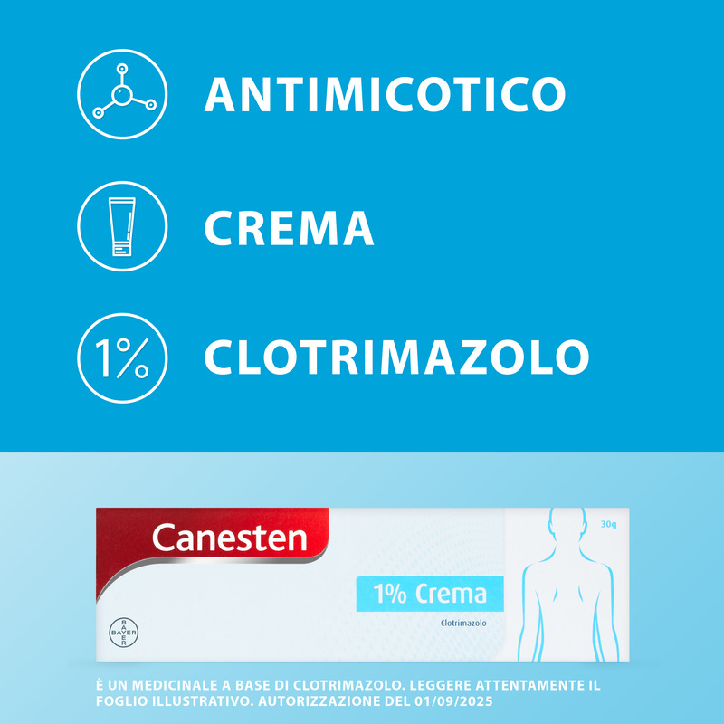 Canesten Crema Dermatologica, per il Trattamento di Micosi, Funghi della Pelle e Piedi, a base di Clotrimazolo 1%, con azione Antifungina e Antimicotica, Tubo da 30gr