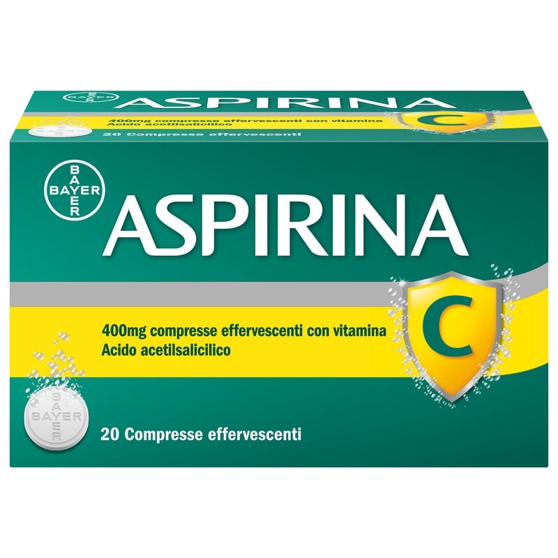 Aspirina C, contro sintomi di Raffreddore, Influenza e Febbre, 400 mg di Acido Acetilsalicilico + 240 mg di Vitamina C, antinfiammatorio e analgesico, 20 Compresse Effervescenti