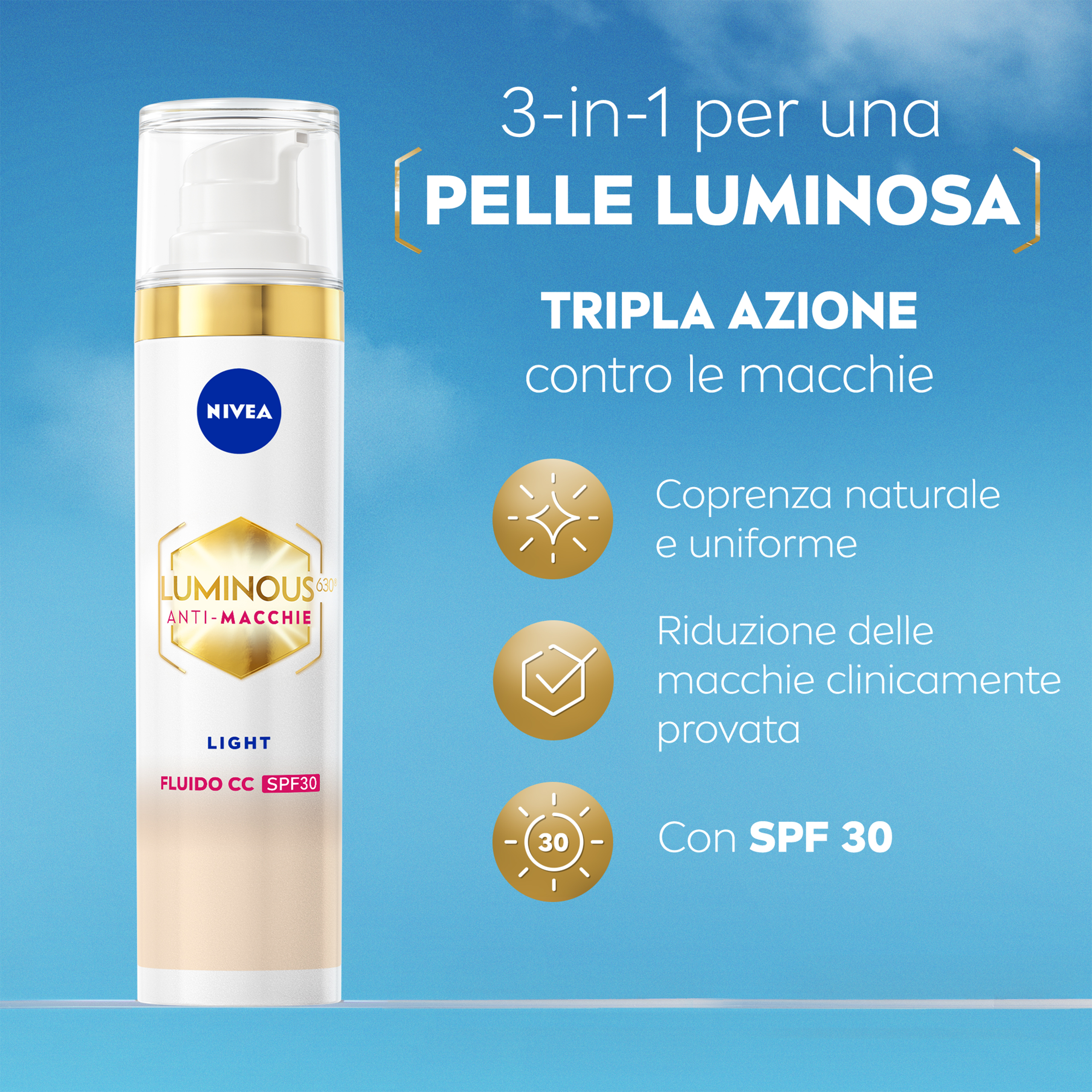 Nivea Cellular Luminous630 Fluido CC Cream SPF 30 Light 40 ml, Crema viso colorata anti-macchie