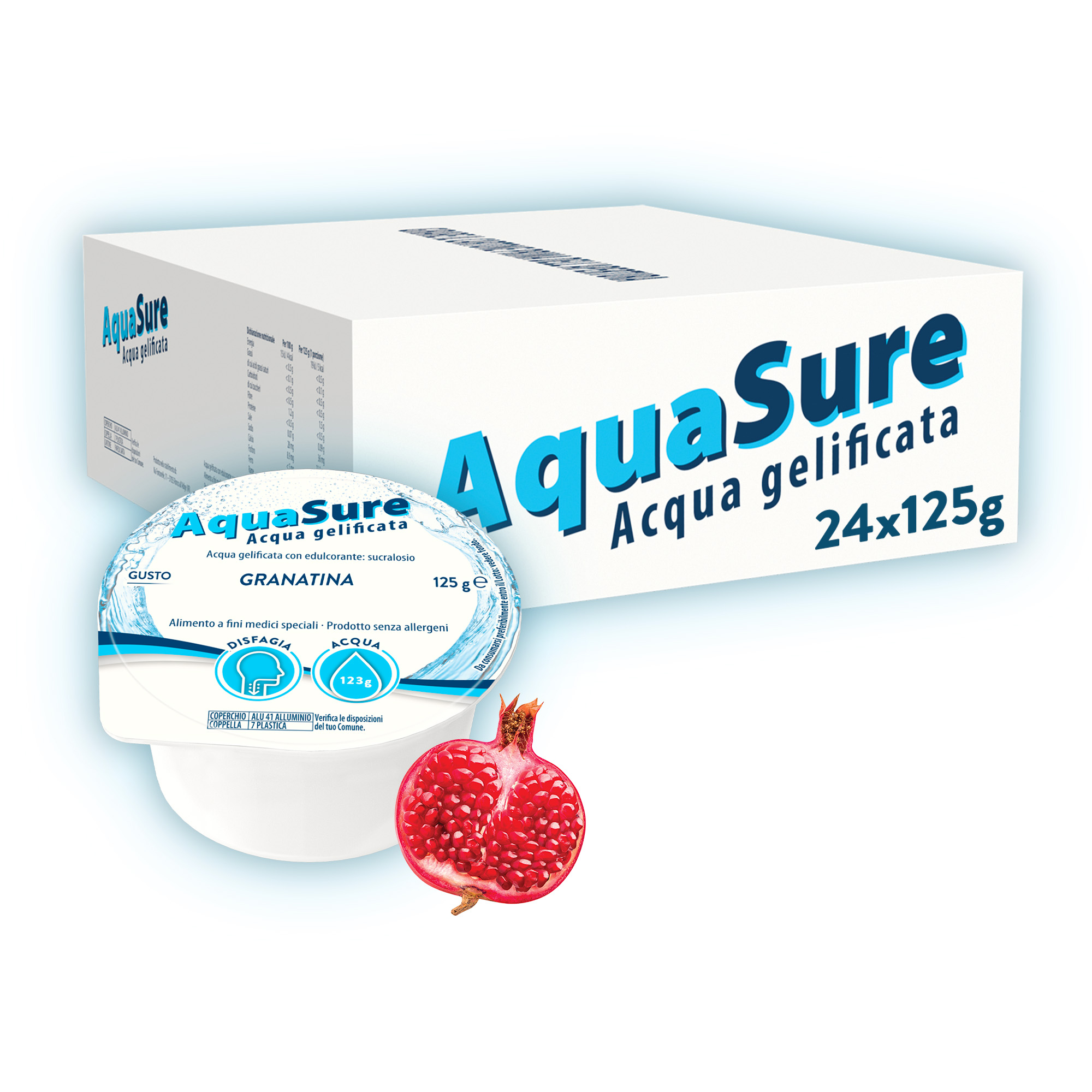 AquaSure Acqua Gelificata per il trattamento dietetico di soggetti affetti da disfagia e problemi della deglutizione 24x125 g