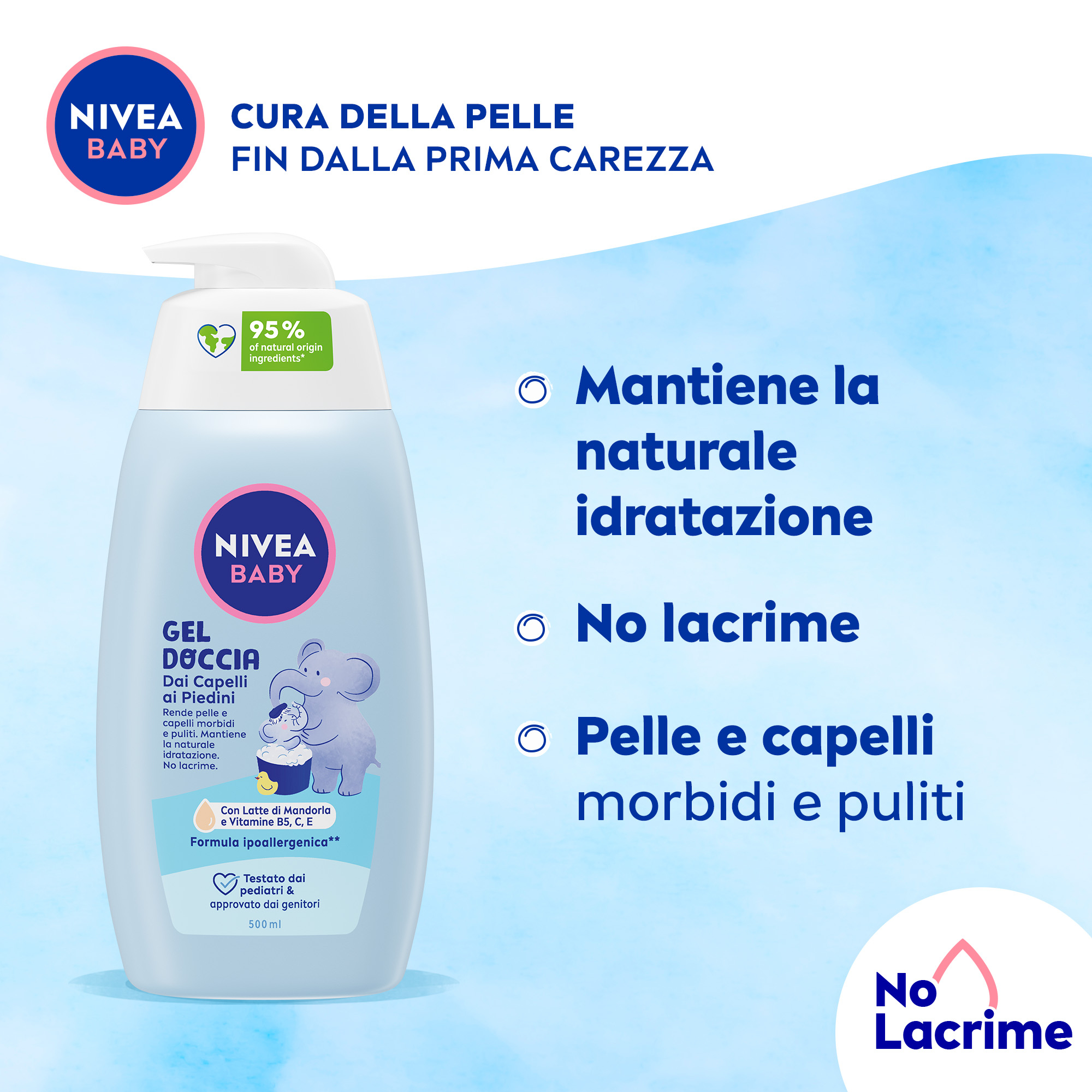 Nivea Baby Gel Doccia dai Capelli ai Piedini 500 ml, Detergente neonato per pelle e capelli puliti