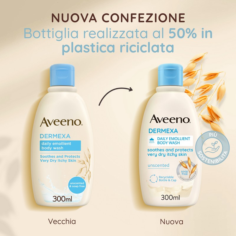 Aveeno Dermexa Bagnodoccia Lenitivo per Pelle Secca e con Prurito, adatto per pelle con tendenza atopica e soggetta a eczema, Formula Vegana, Senza Sapone 300 ml