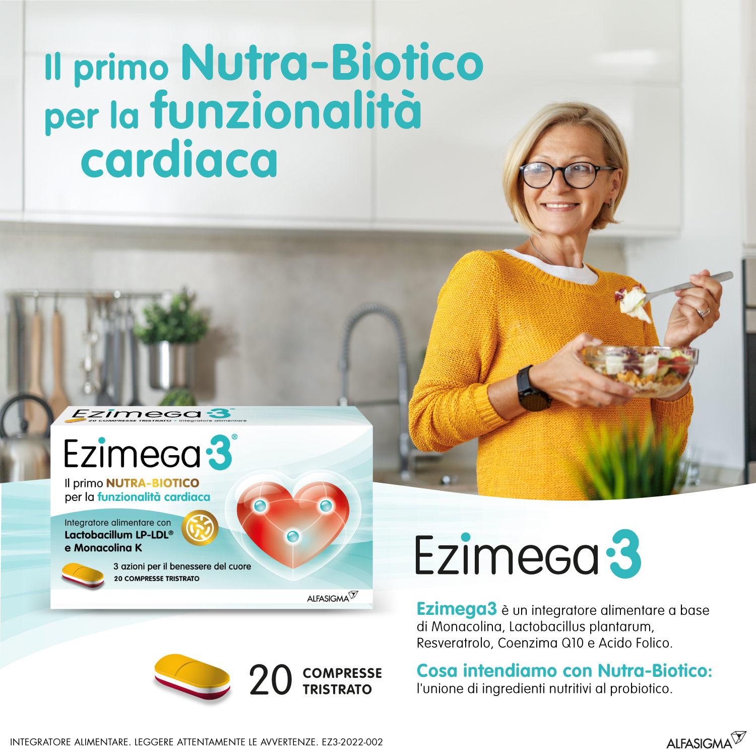 Ezimega 3, Integratore per il Colesterolo a Base di Monacolina K, Resveratrolo, Coenzima Q10, Lp-Ldl Probiotico Lactobacillus Plantarum, Acido Folico, utile per il controllo di colesterolo e trigliceridi, 20 Compresse