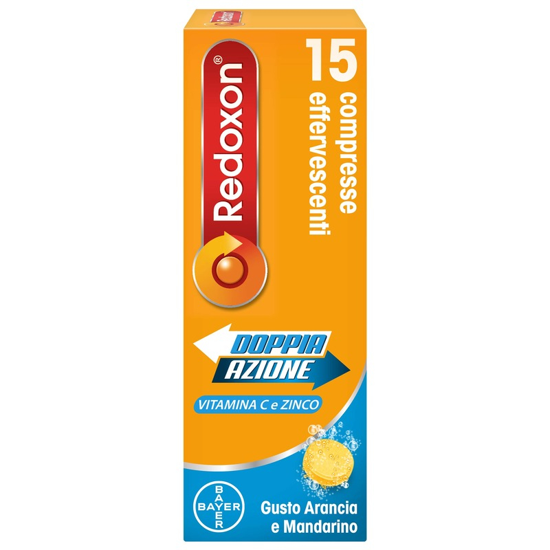 Redoxon Doppia Azione Integratore di Vitamina C e Zinco,  Supporta il Sistema Immunitario, Gusto Arancia e Mandarino, 15 Compresse Effervescenti
