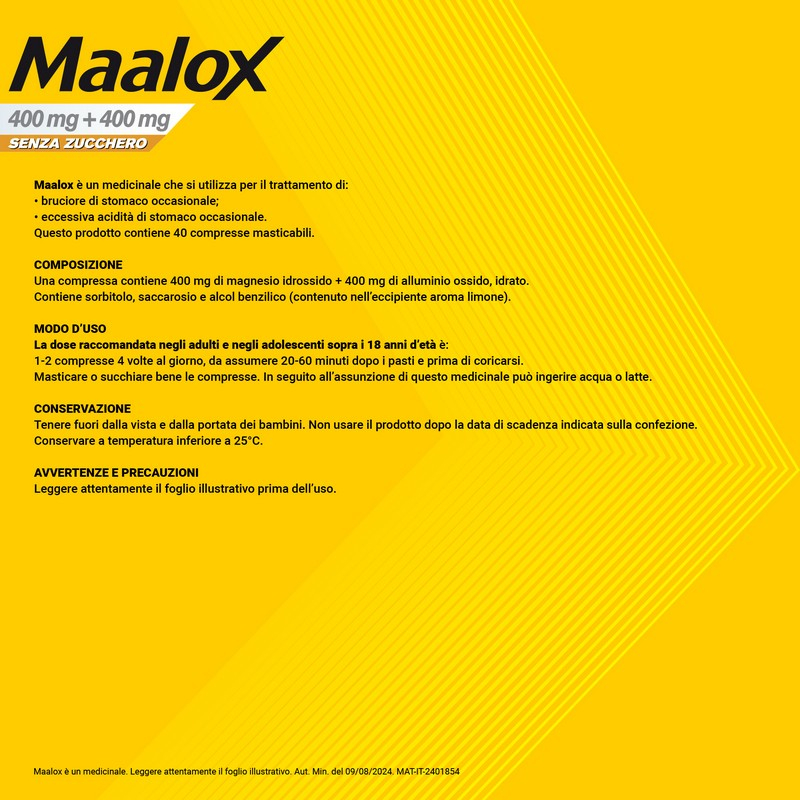 Maalox 400+400 MG, contro acidità di stomaco occasionale, 30 cpr senza zucchero