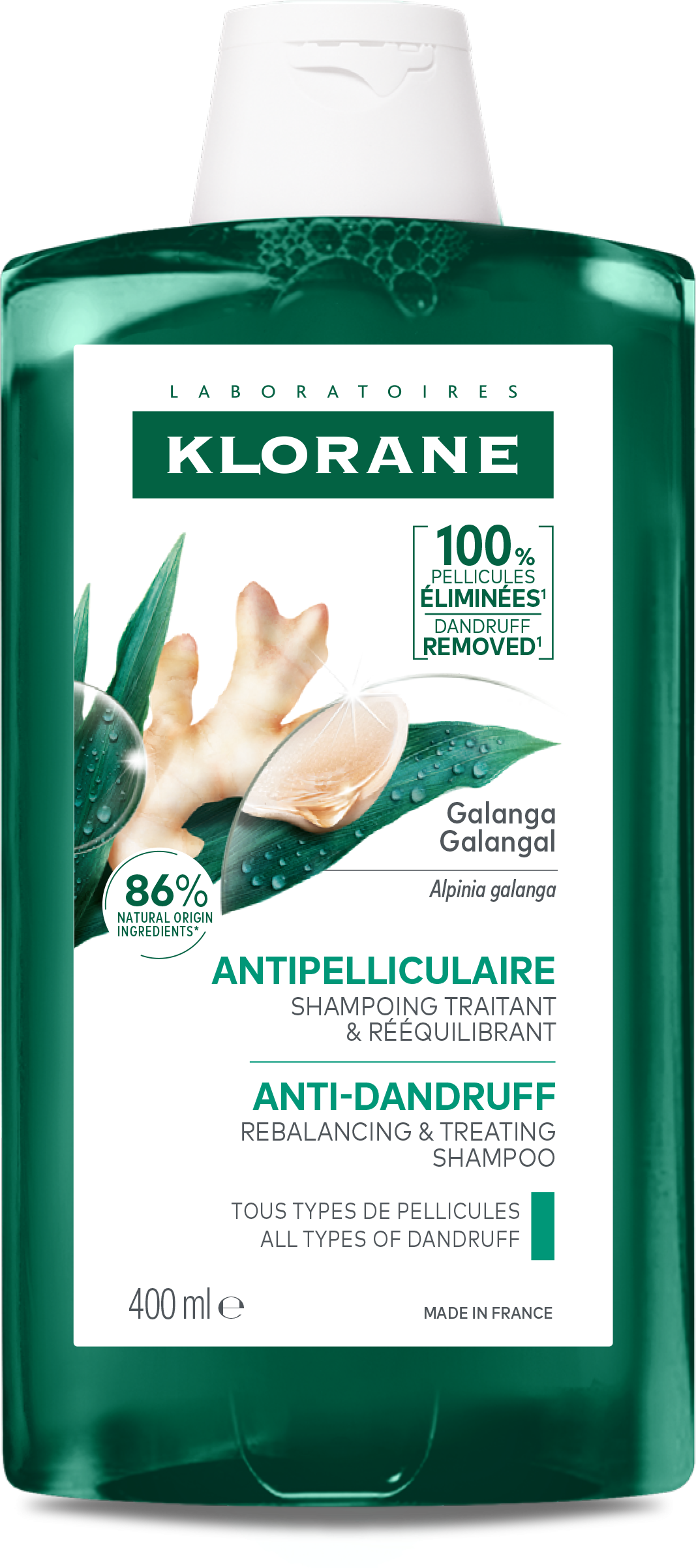 Klorane Anti-Forfora Shampoo trattante e riequilibrante alla Galanga, forfora secca e grassa, 400 ml