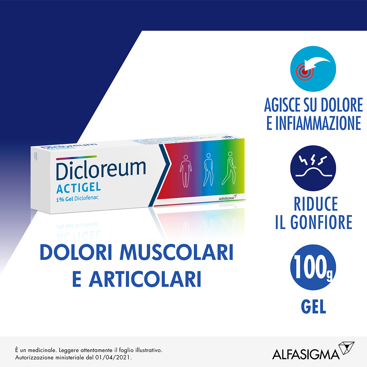 Dicloreum Actigel 1% - Medicinale a base di Diclofenac, Gel Dolori Articolari e dolori muscolari 100 g