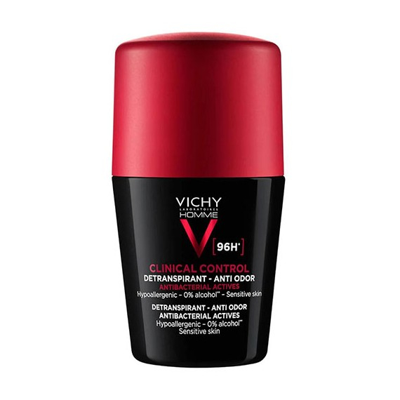 Vichy Homme Clinical Control Deodorante 96H - Roll-on Anti-traspirante. No Alcool. Ipoallergenico. Anti-Batterico. 50 ml efficace per 96 ore