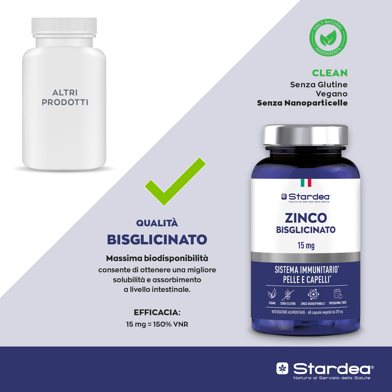 STARDEA ZINCO BISGLICINATO 15 MG - INTEGRATORE ALIMENTARE per il SISTEMA IMMUNITARIO e per il benessere di PELLE E CAPELLI