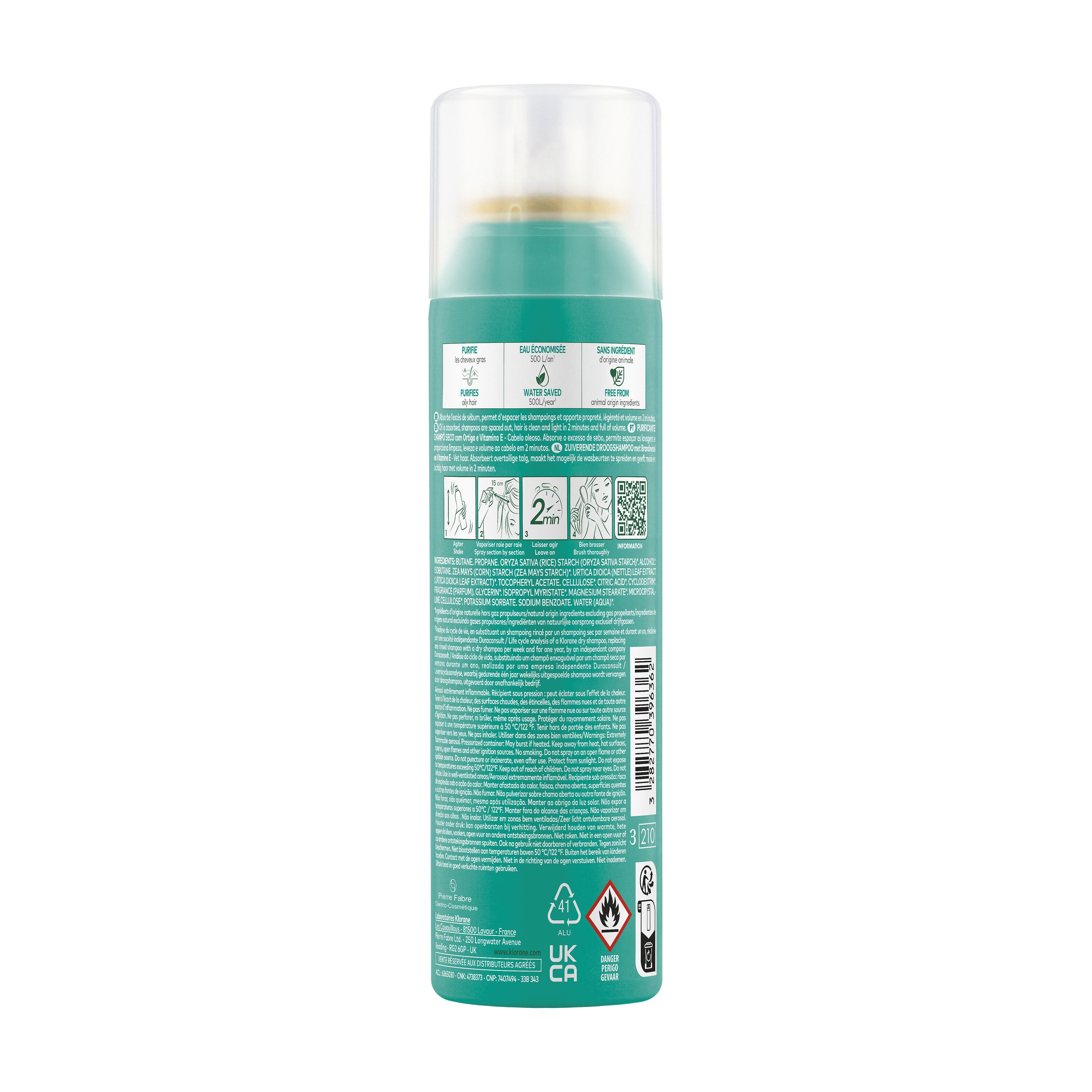 Klorane - Shampoo Secco Purificante All'Ortica & Vitamina E Per Capelli Grassi 150 ml 