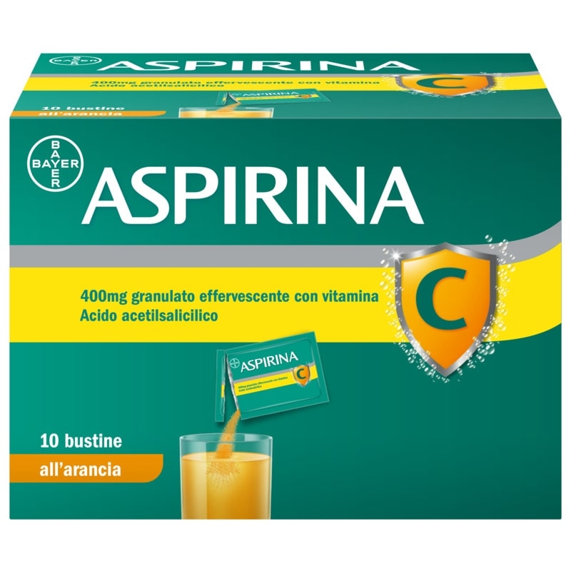 Aspirina C, contro sintomi di Raffreddore, Influenza e Febbre, 400 mg di Acido Acetilsalicilico + 240 mg di Vitamina C, antinfiammatorio e analgesico, Gusto Arancia, 10 Bustine