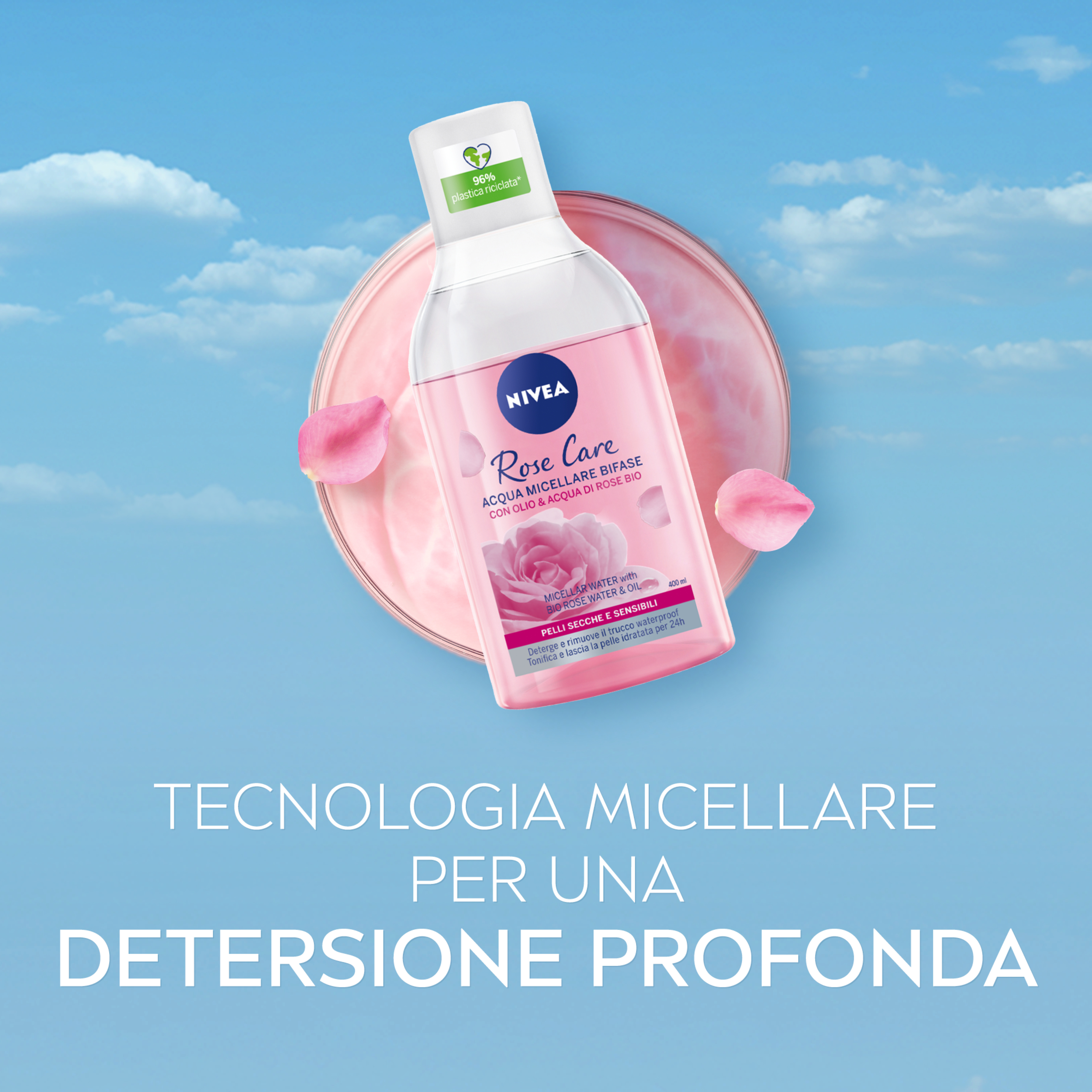 Nivea Rose Care Acqua Micellare Bifase 400 ml, Detergente viso e occhi struccante lenitivo