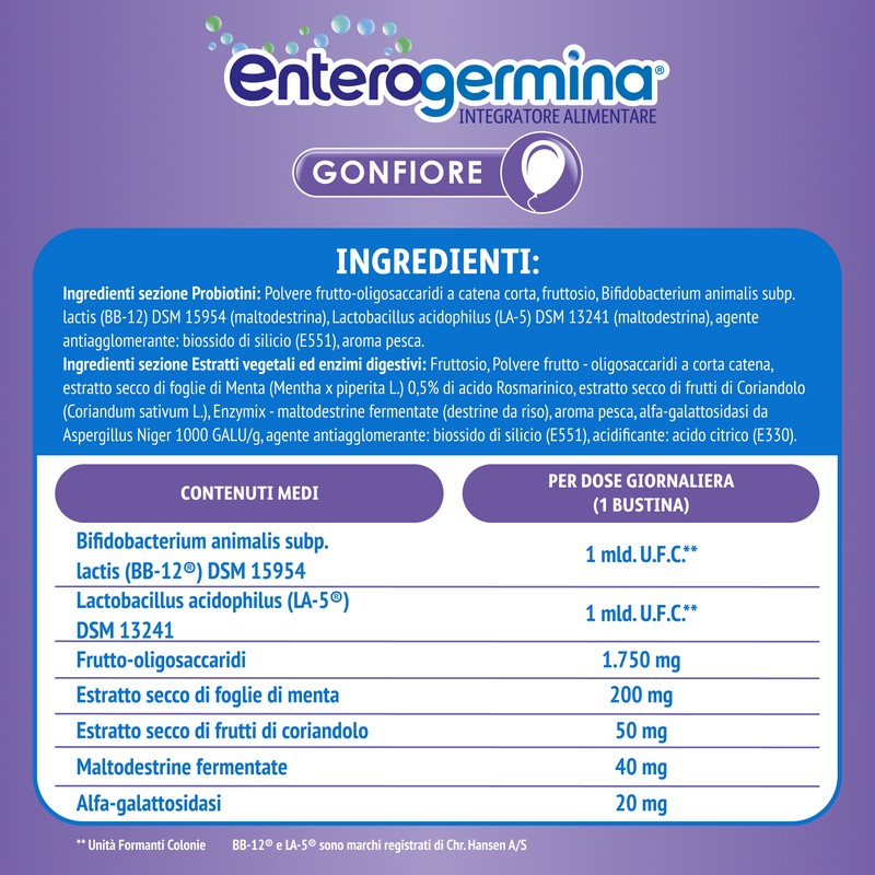 Enterogermina Gonfiore 20 bustine, Integratore Alimentare con Probiotici, Enzimi Digestivi e Fermenti Lattici per Adulti Contro Gonfiore Addominale, Gusto Pesca