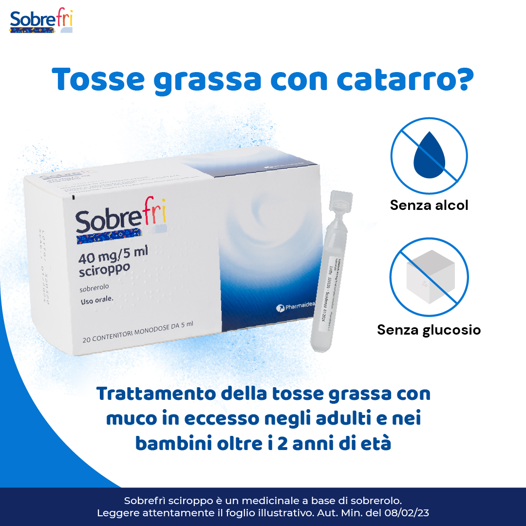 SOBREFRI SCIROPPO MUCOLITICO TOSSE GRASSA SENZA ZUCCHERO 2 ANNI+  20 FLACONCINI 40 MG/5 ML 