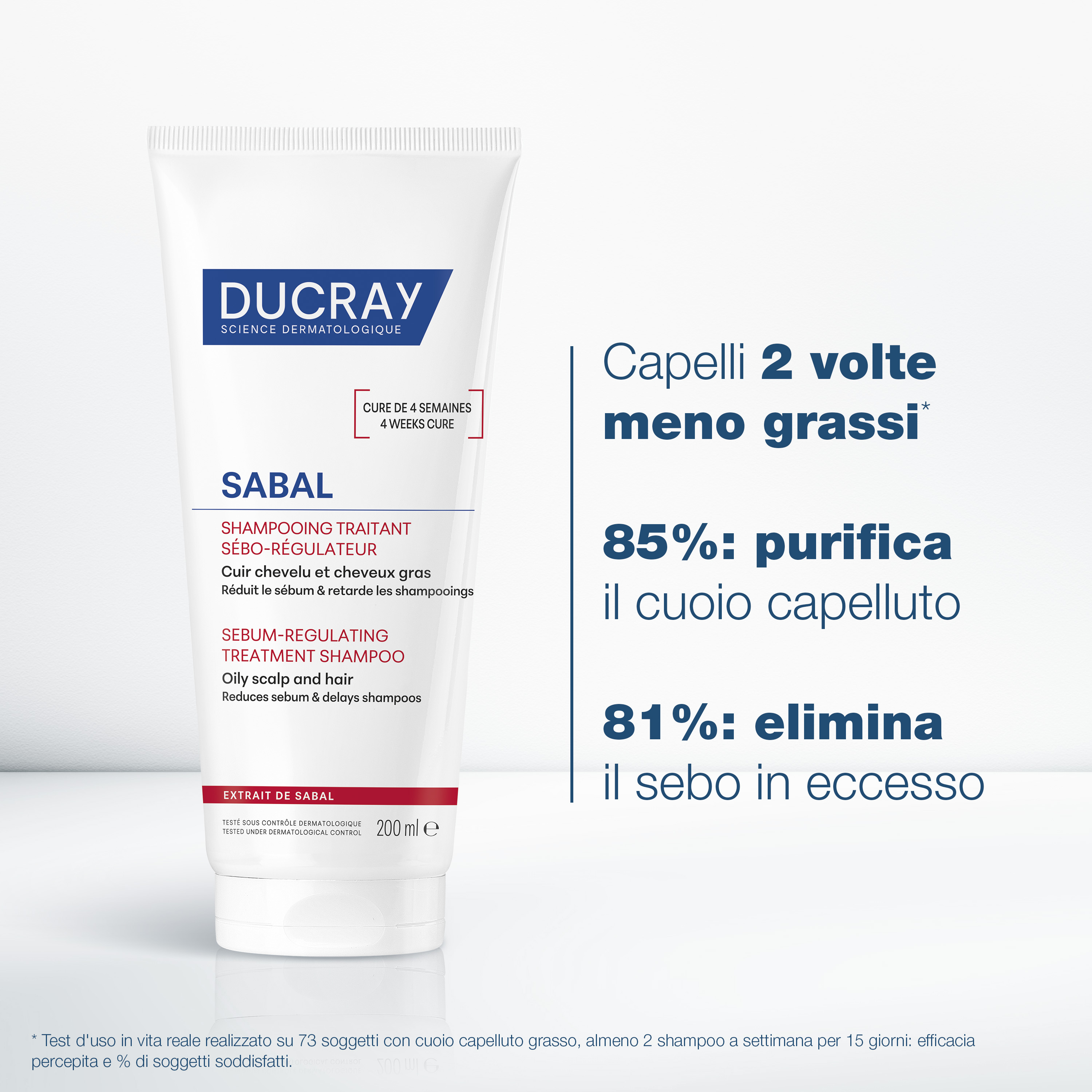 Ducray Sabal Shampoo trattante sebo-riduttore, Trattamento purificante anti sebo in eccesso, Cuoio capelluto e capelli grassi, 200ml