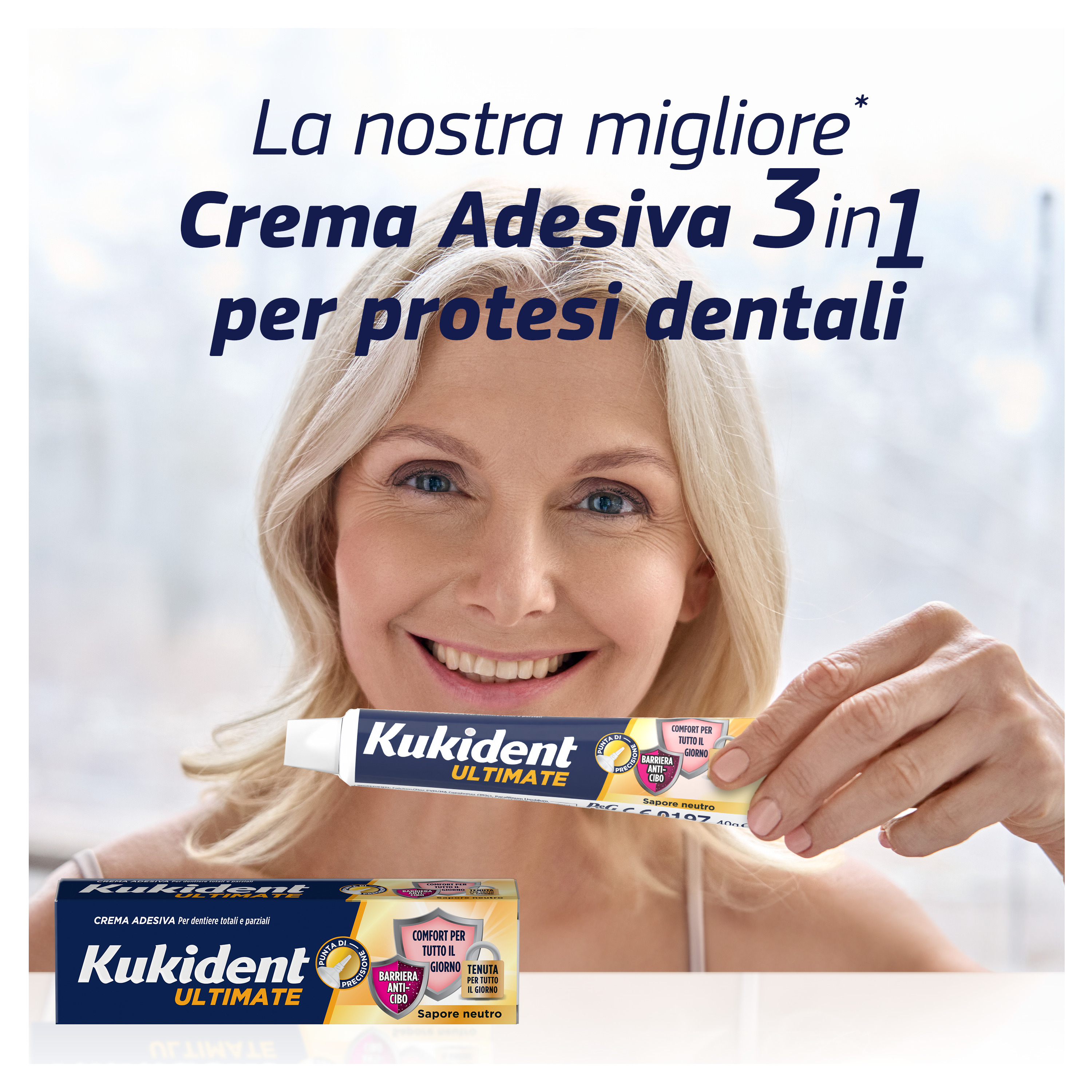 Kukident Ultimate Barriera Anti-cibo. Crema Adesiva Per Dentiere Totali e Parziali. Sapore Neutro 40g