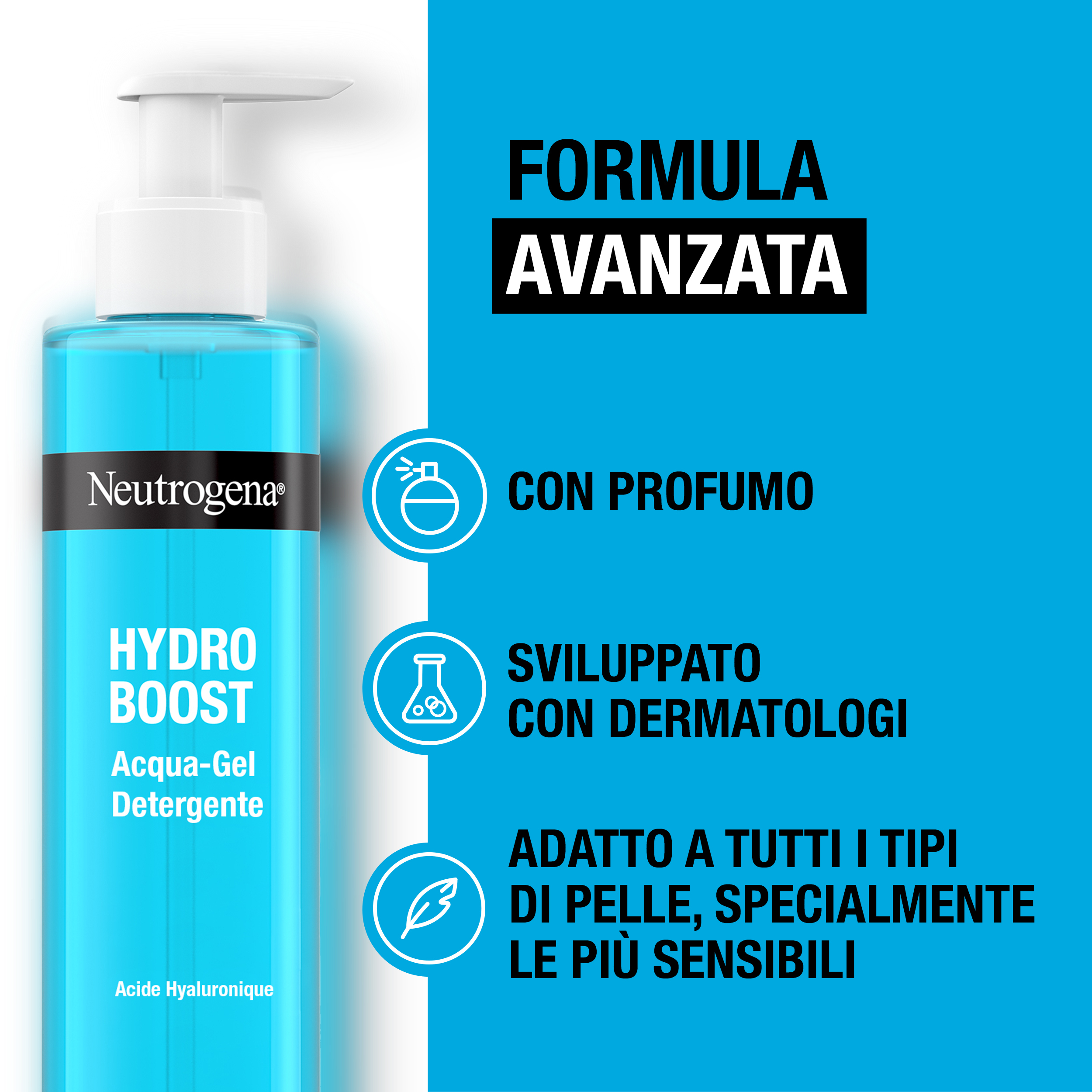 Neutrogena Hydro Boost Acqua Gel Detergente Viso 200 ml, Detergente schiumogeno ad azione struccante
