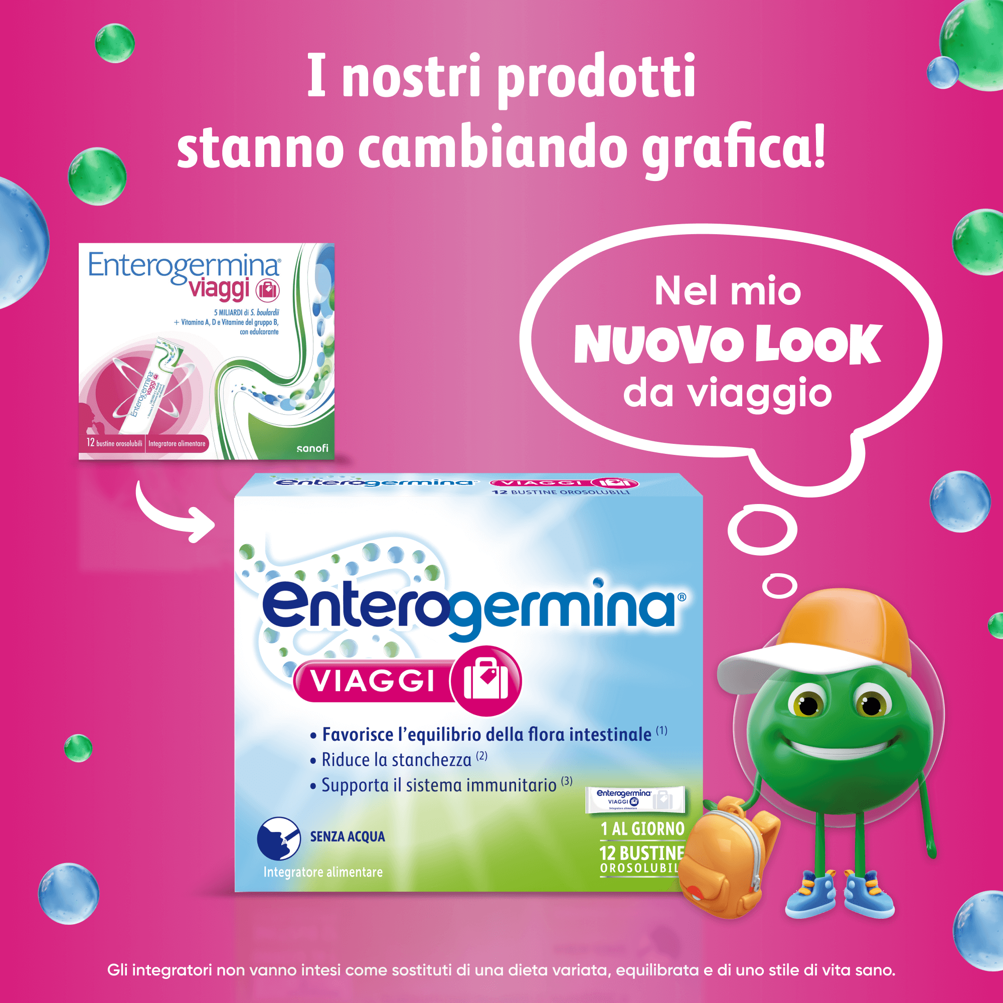 Enterogermina Viaggi, Integratore Alimentare per Regolarità Intestinale con Probiotici e Vitamina A, B12, B6, B9 e Vitamina D, con edulcorante, Gusto Fragola - 12 BUSTINE