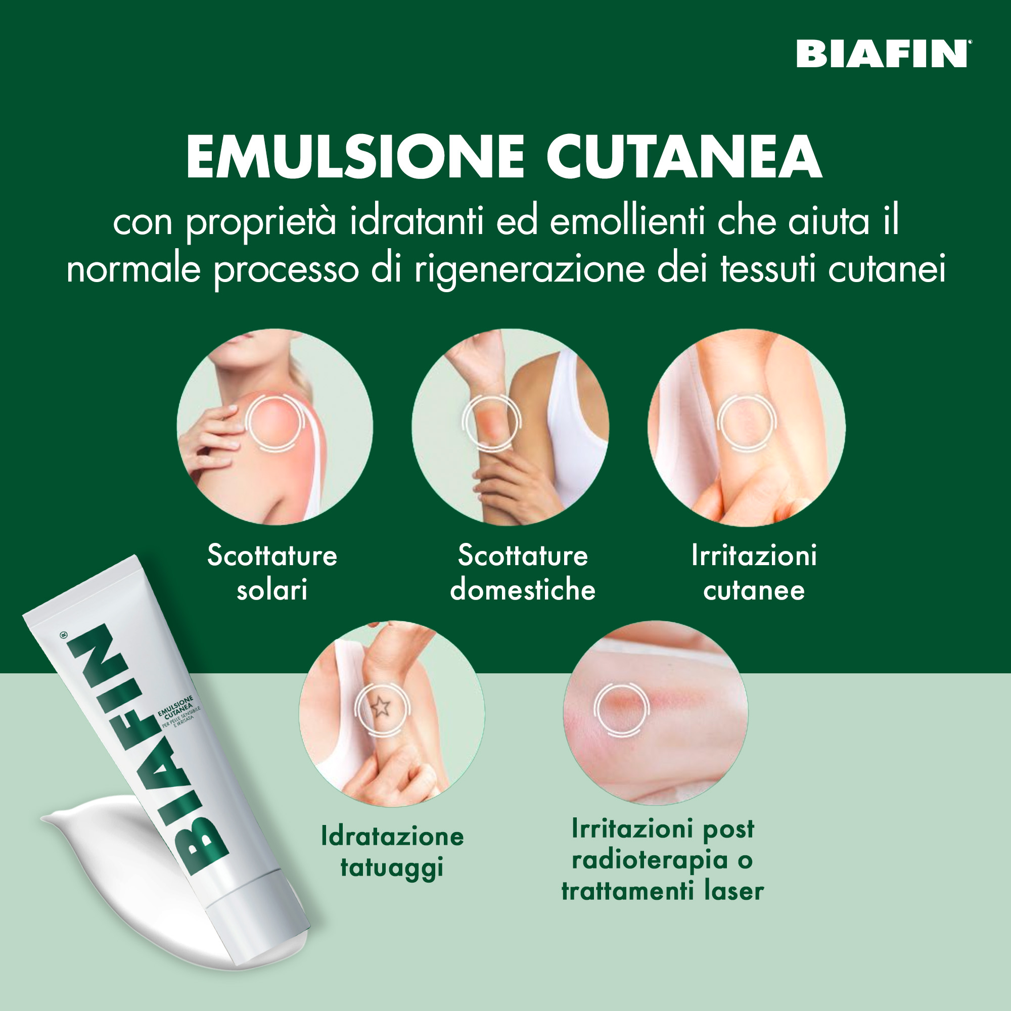 Biafin Emulsione Cutanea Idratante Lenitiva 100 ml, Crema scottature e pelle sensibile e irritata