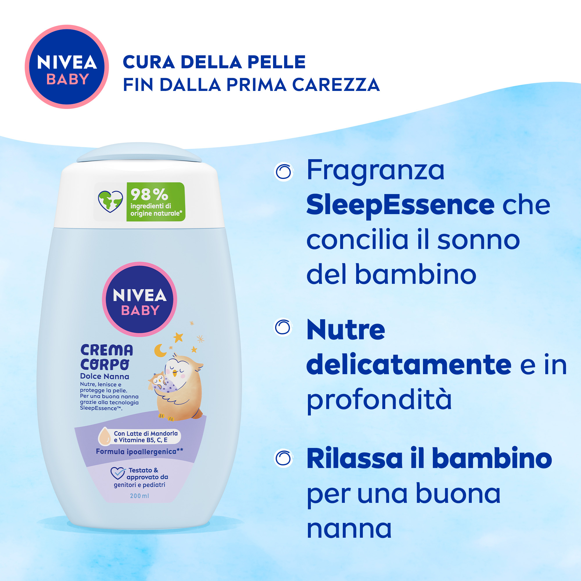 Nivea Baby Crema Corpo Dolce Nanna 200 ml, Crema bambini corpo per una pelle nutrita e protetta