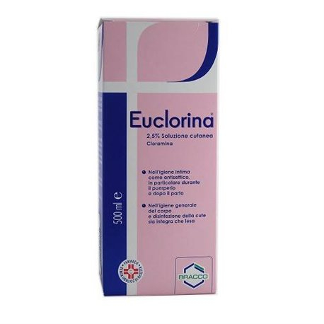 Euclorina - Soluzione cutanea disinfettante con 2,5% di Cloramina - Flacone da 500 ml con misurino
