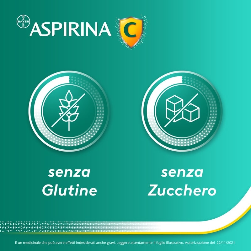 Aspirina C, contro sintomi di Raffreddore, Influenza e Febbre, 400 mg di Acido Acetilsalicilico + 240 mg di Vitamina C, antinfiammatorio e analgesico, 40 Compresse Effervescenti