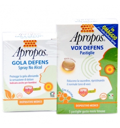 Apropos Gola Defens Spray No Alcol 20ml + Vox Defens 5 Pastiglie Miele Limone