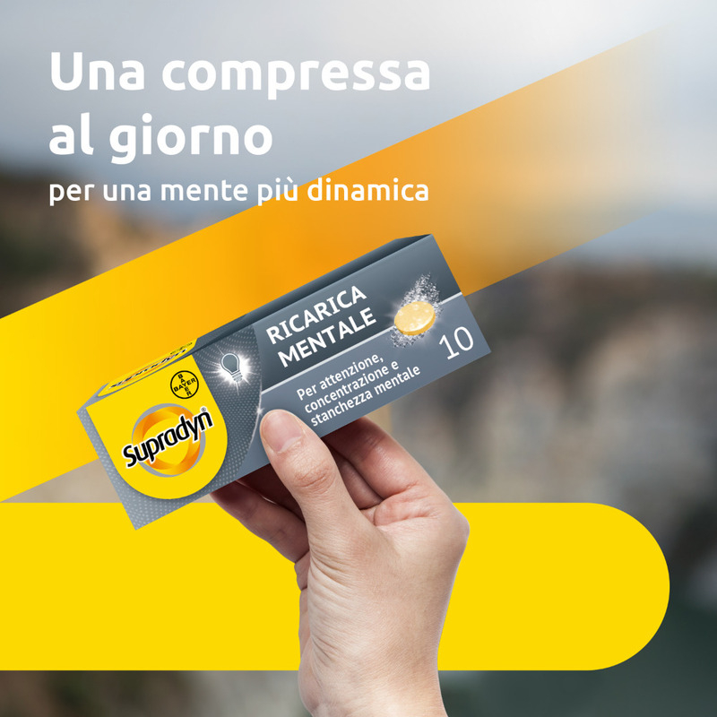 Supradyn Ricarica Mentale Integratore Vitamine e Minerali con Acido Folico, Caffeina e Guaranà per Memoria e Concentrazione, 10 Compresse Effervescenti