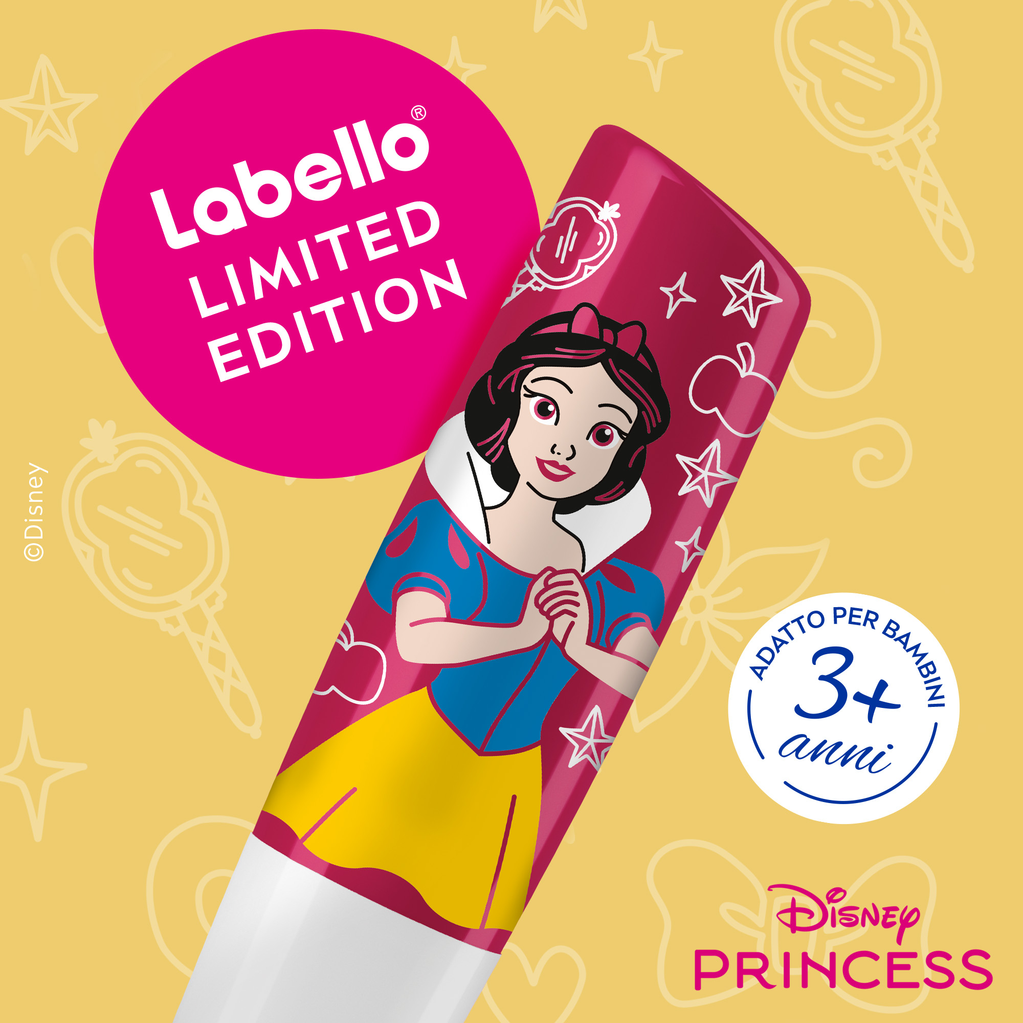 Labello Disney Princess Limited Edition - Biancaneve - Balsamo labbra colorato ad azione idratante prolungata, adatto dai 3 anni in su - Burrocacao aroma Ciliegia, 4.8g