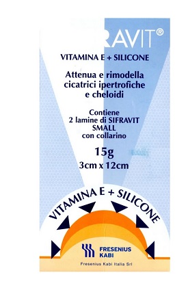 PLACCA IN SILICONE E VITAMINA E SIFRAVIT DIMENSIONI 3X12CM. INDICATA NEL TRATTAMENTO DI CHELOIDI E CICATRICI IPERTROFICHE CONSEGUENTI AD INTERVENTI C HIRURGICI, USTIONI, E FERITE